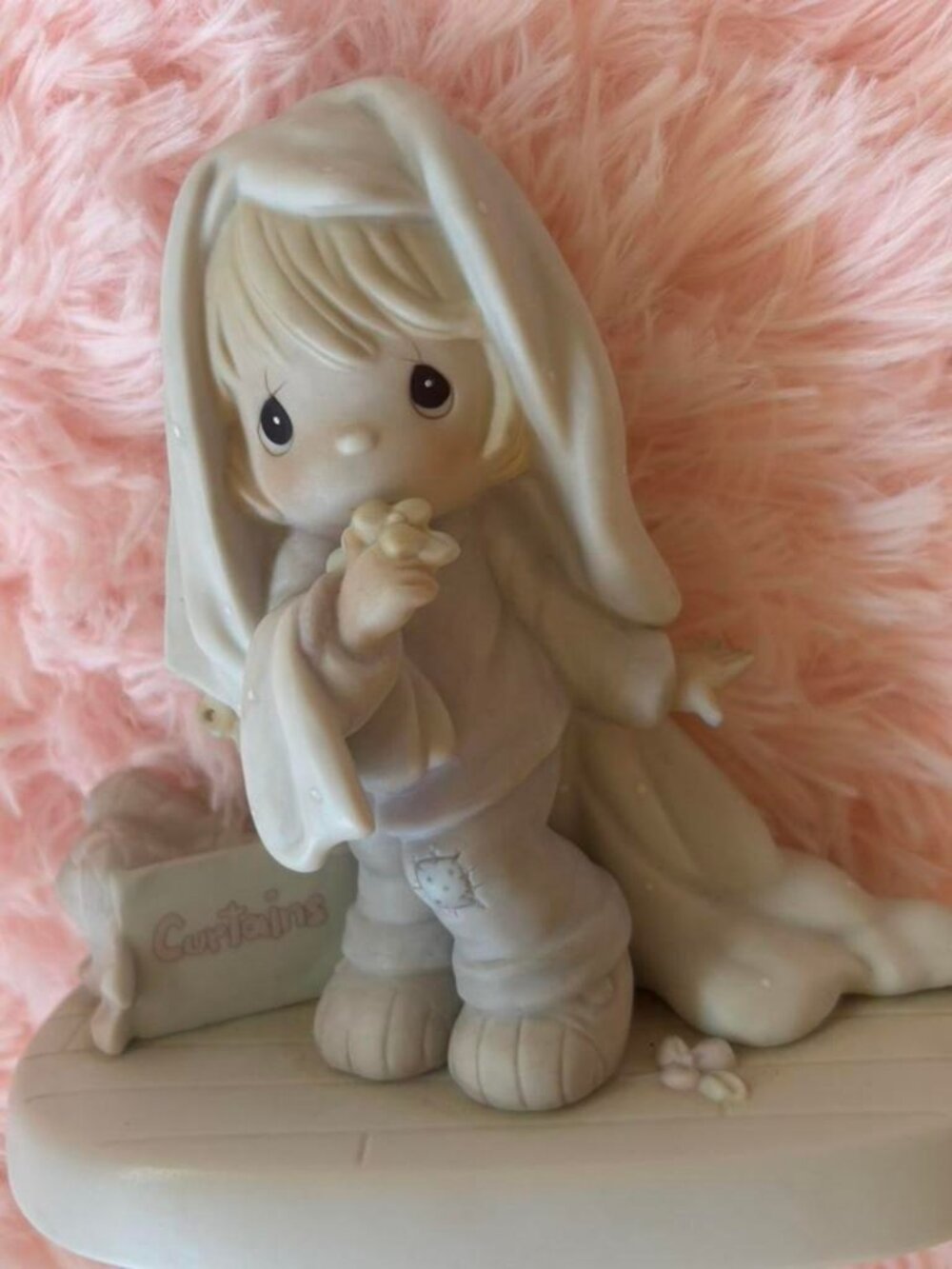 Vintage Child with Curtains Ceramic Figurine